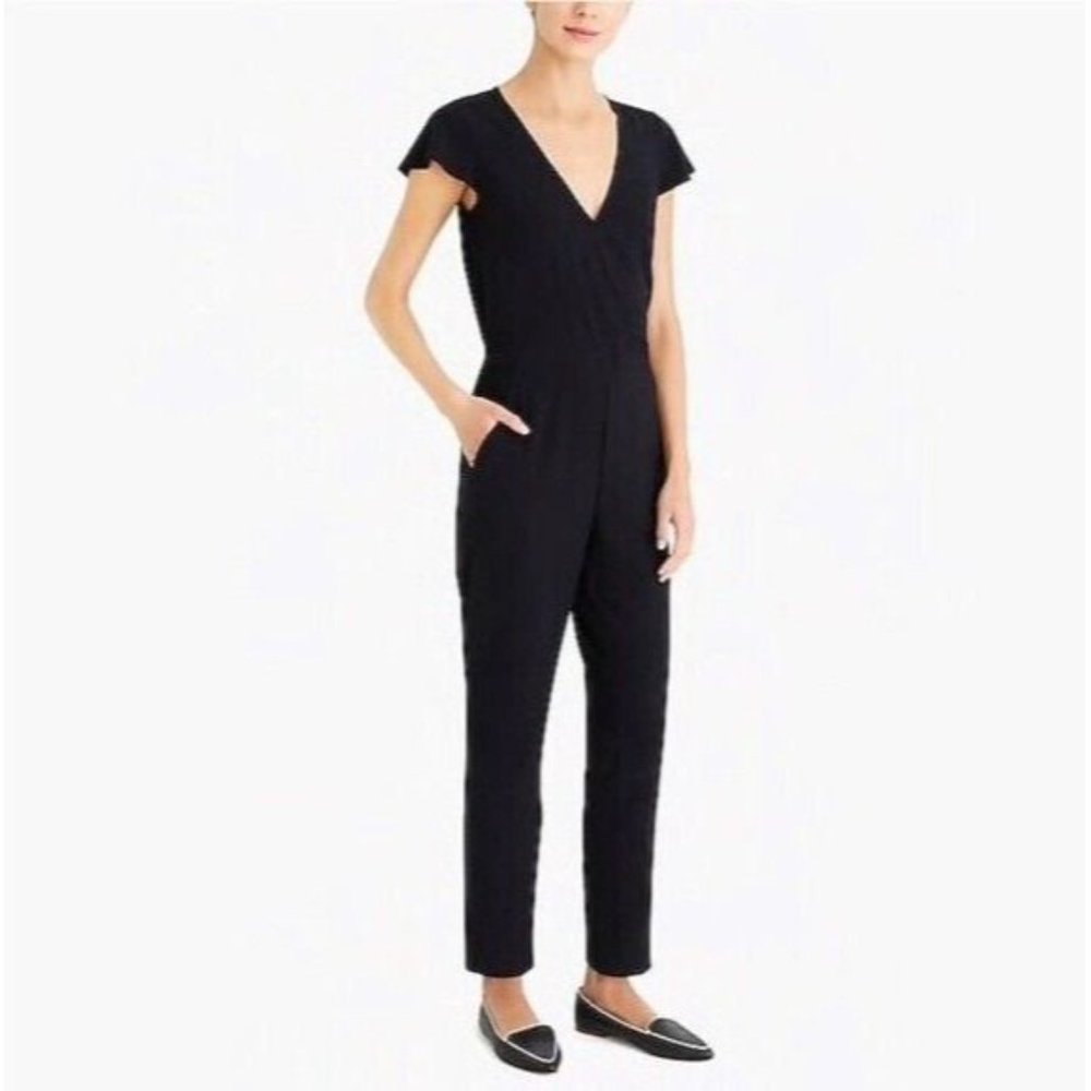 J Crew Jumpsuit Womens Small Black Mercantile Straight Leg Short Sleeve Pockets